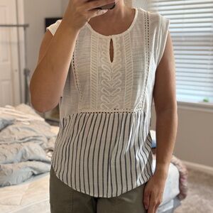 Sleeveless White and Blue Striped Top | Size S